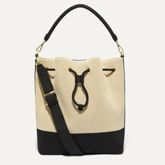The Cinch Bucket Bag - Black and White Raffia-Knit
